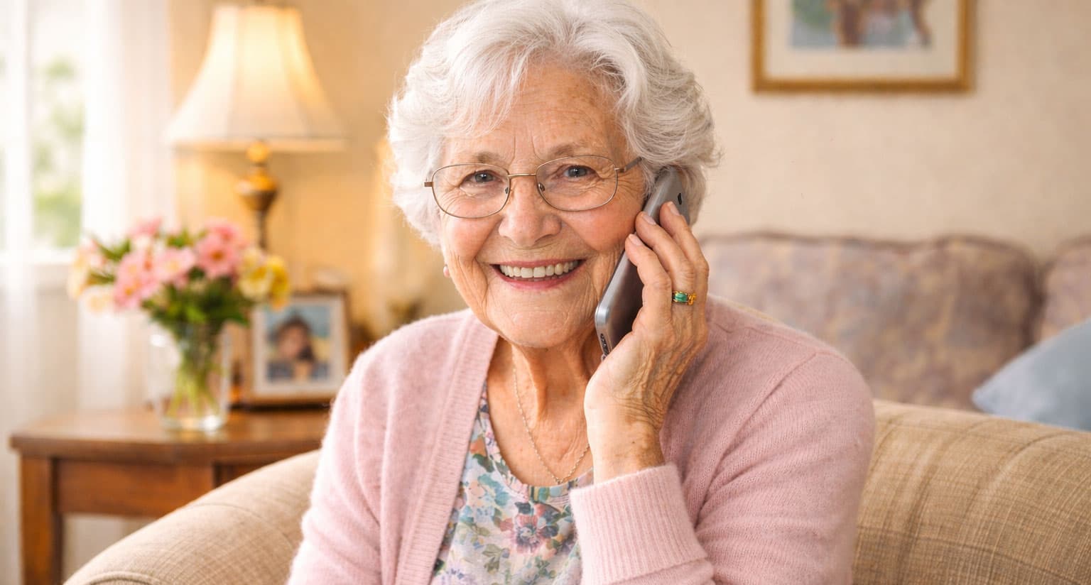 Elderly person receiving a wellness check call